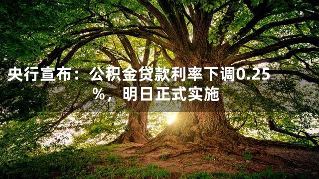 央行宣布：公积金贷款利率下调0.25%，明日正式实施