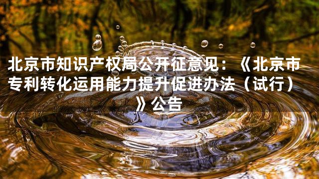 北京市知识产权局公开征意见：《北京市专利转化运用能力提升促进办法（试行）》公告